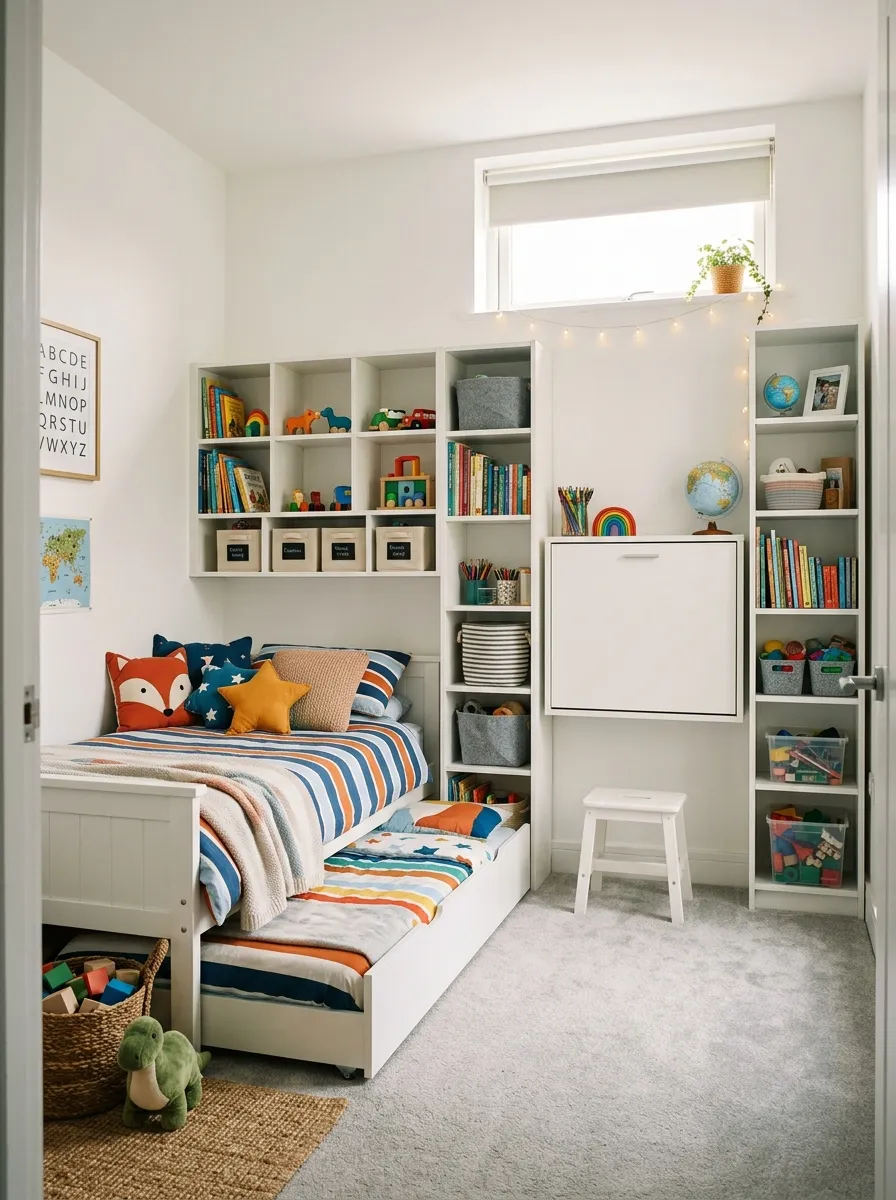 Stylish kids bedroom decor for small spaces featuring a wall-mounted desk, trundle bed, and built-in shelving cubbies