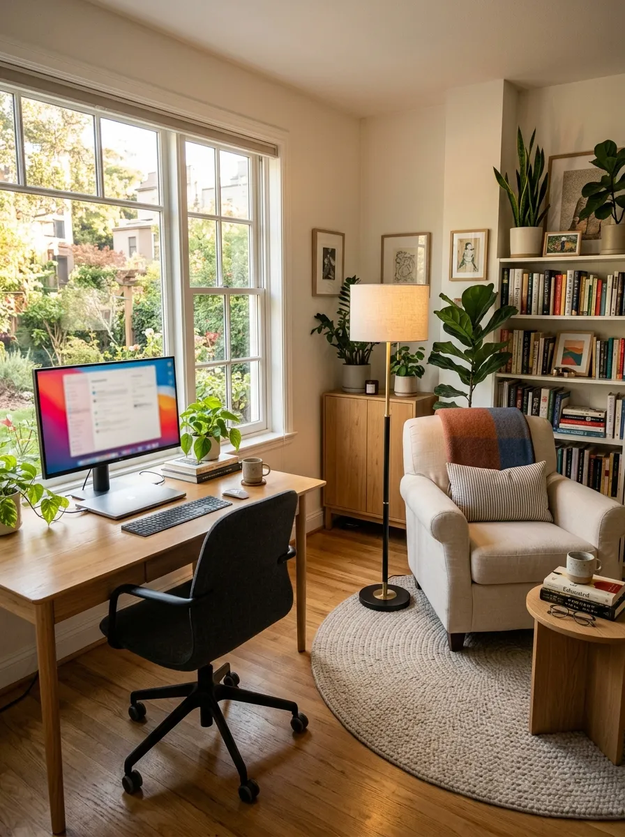 Home office design with two distinct zones: white desk work zone facing window and cream armchair reading zone with floor lamp on opposite side