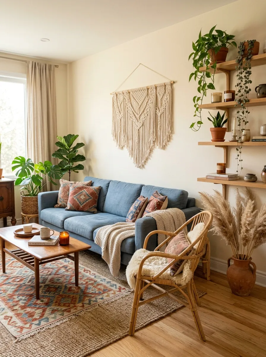 Dusty blue linen sofa in a boho living room with macrame wall hanging, rattan chair, and pampas grass
