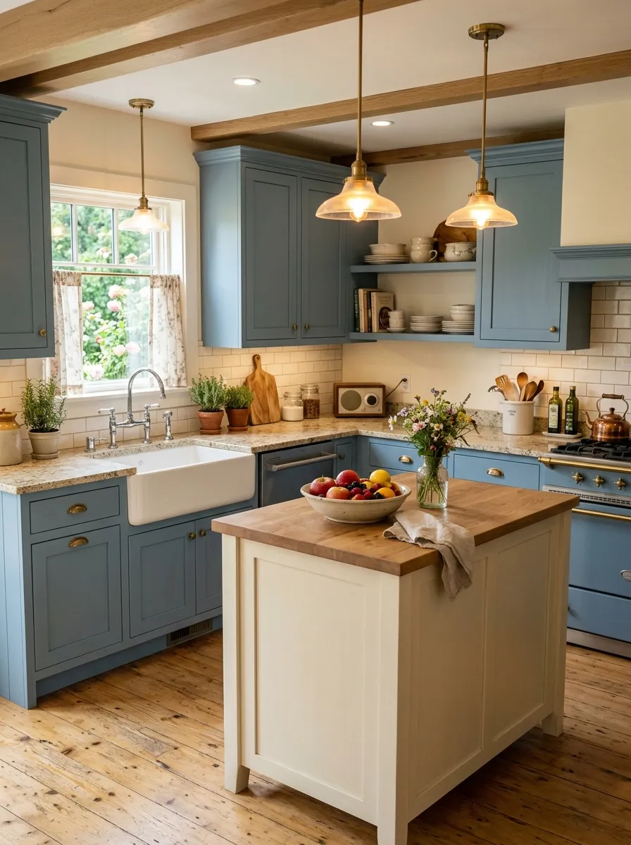 Dusty blue perimeter cabinets with a creamy white island in a romantic cottage two toned kitchen cabinet style with white subway tile