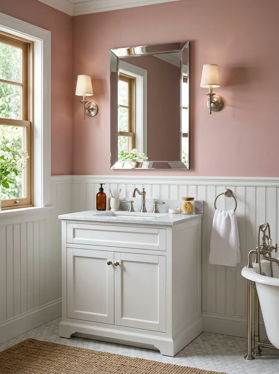 Classic bathroom with white wainscoting and dusty rose pink walls above, brushed nickel fixtures elegant pink bathrooms