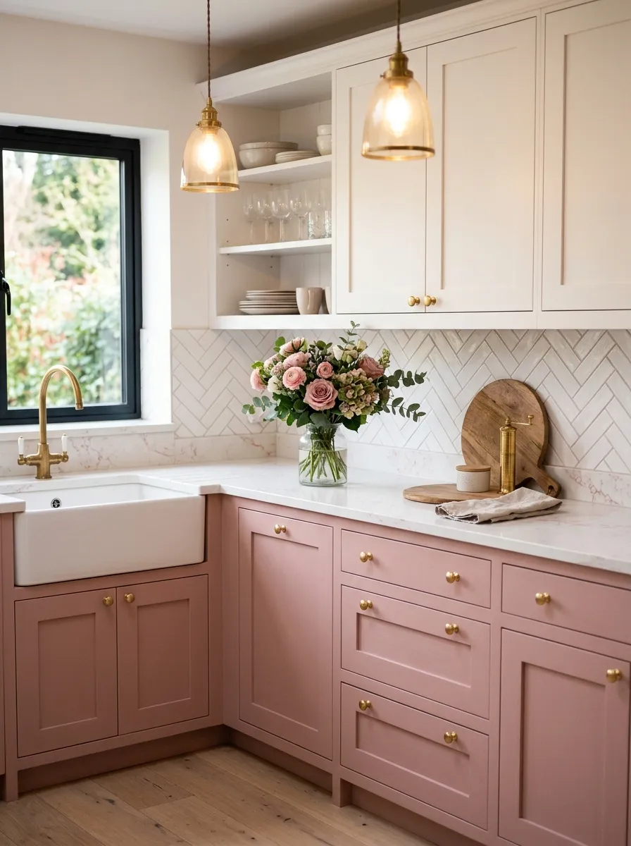 Dusty rose pink lower cabinets and warm white upper cabinets with gold hardware in a romantic modern two toned kitchen cabinet style
