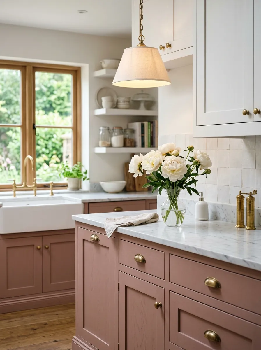 Matte dusty rose lower cabinets with white uppers, marble countertops, and brass hardware in an elegant romantic kitchen