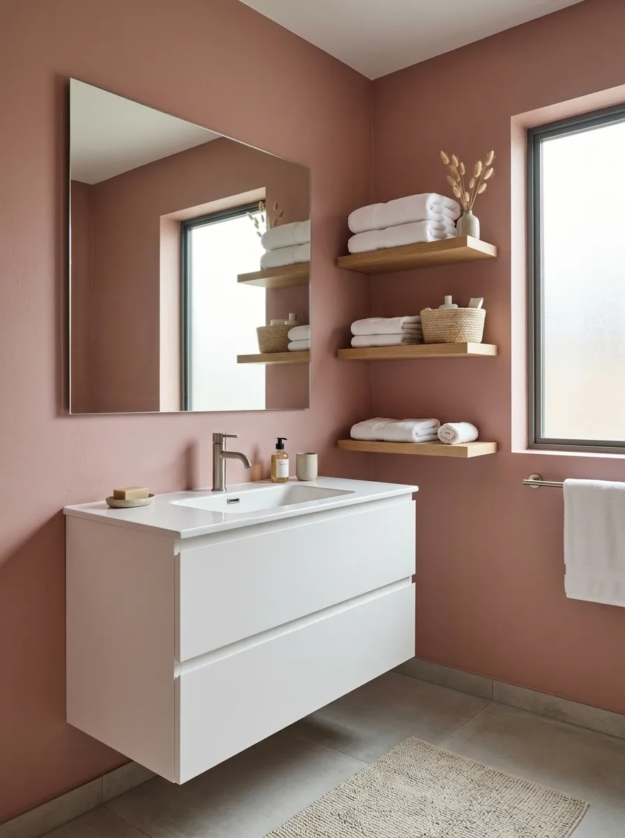 Minimalist dusty rose bathroom with white floating vanity, frameless mirror, and clean modern lines pink bathroom design