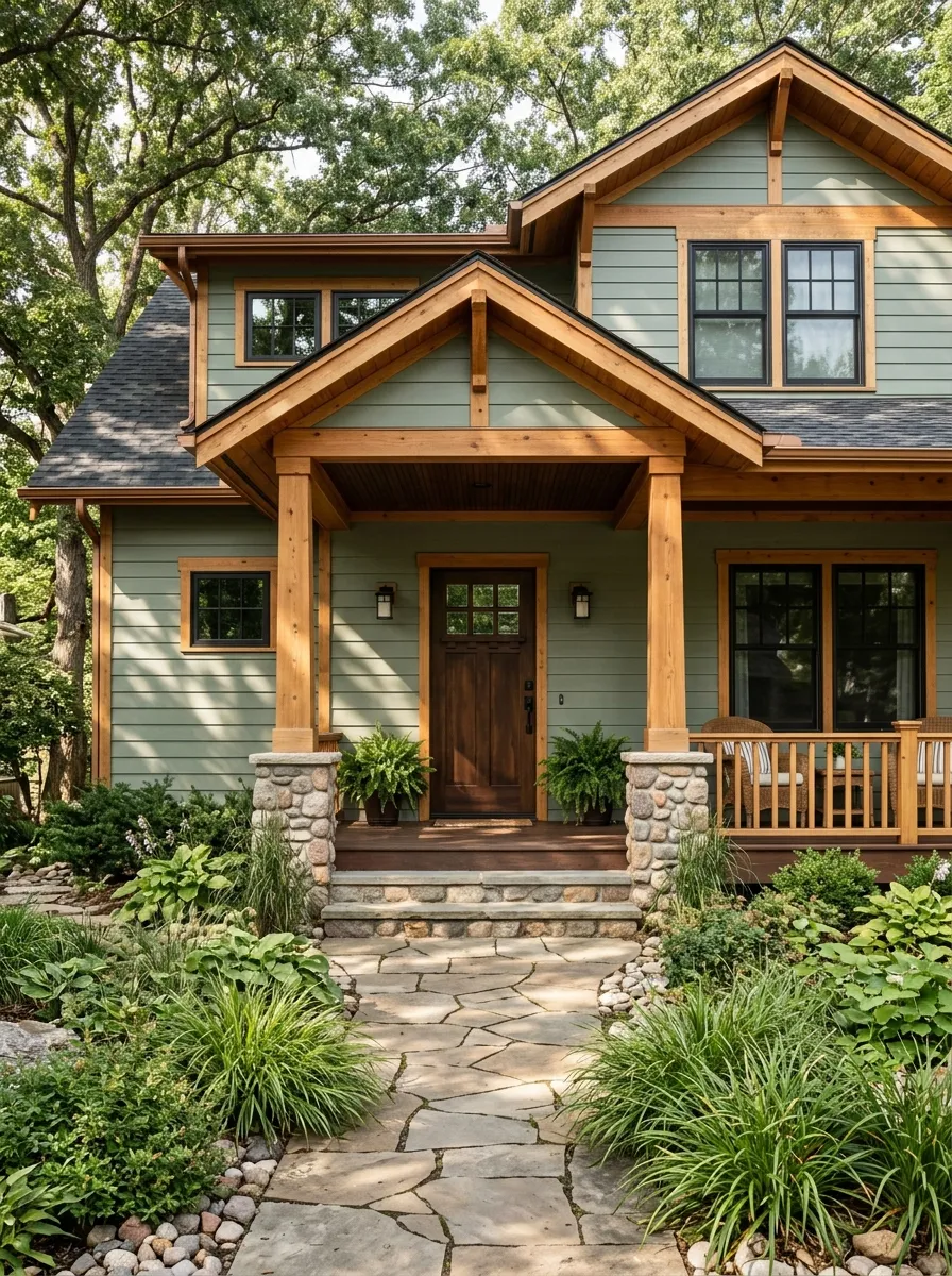 Craftsman home exterior painted dusty sage green with cedar trim, showcasing one of the top house exterior color ideas for 2026