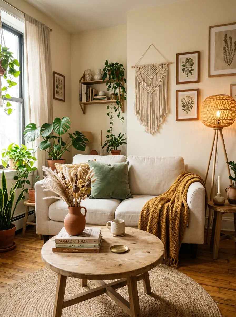 22 Boho Apartment Ideas That Turn Small Spaces Into Soulful, Cozy, and Stylish Sanctuaries 15 A small Boho apartment living room with cream walls, sage green cushion, mustard throw, and terracotta vase showing a warm earthy color palette.