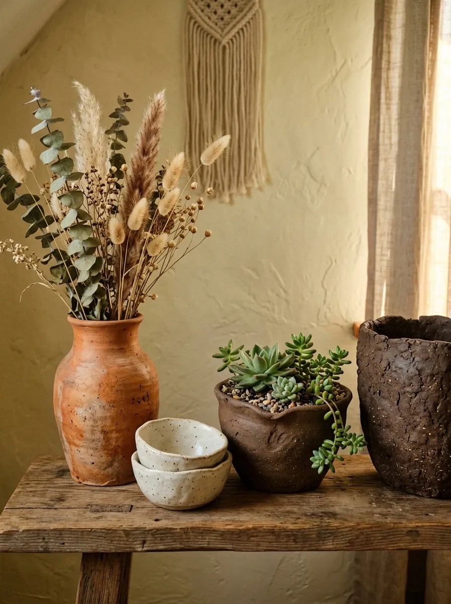23 Curated Boho Bedroom Ideas for a Cozy, Inviting, and Effortlessly Stylish Retreat 22 Handthrown terracotta vases, cream ceramic bowls, and clay pots with succulents on a Boho bedroom shelf