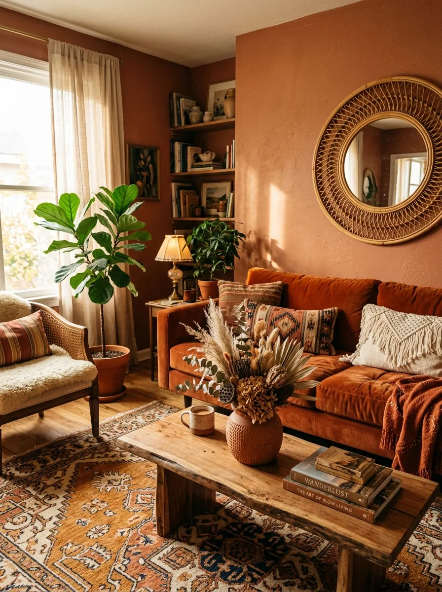 Bohemian living room with terracotta walls, rust velvet sofa, warm amber rug, and earthy Boho color palette in afternoon light