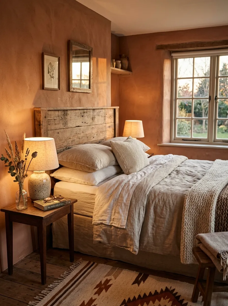 21 Earthy Cottage Decorating Ideas That Transform Your Home Into a Calm and Cozy Retreat 6 Linen layered cottage bedroom with terracotta walls and reclaimed wood headboard inspired by earthy cottage decorating ideas