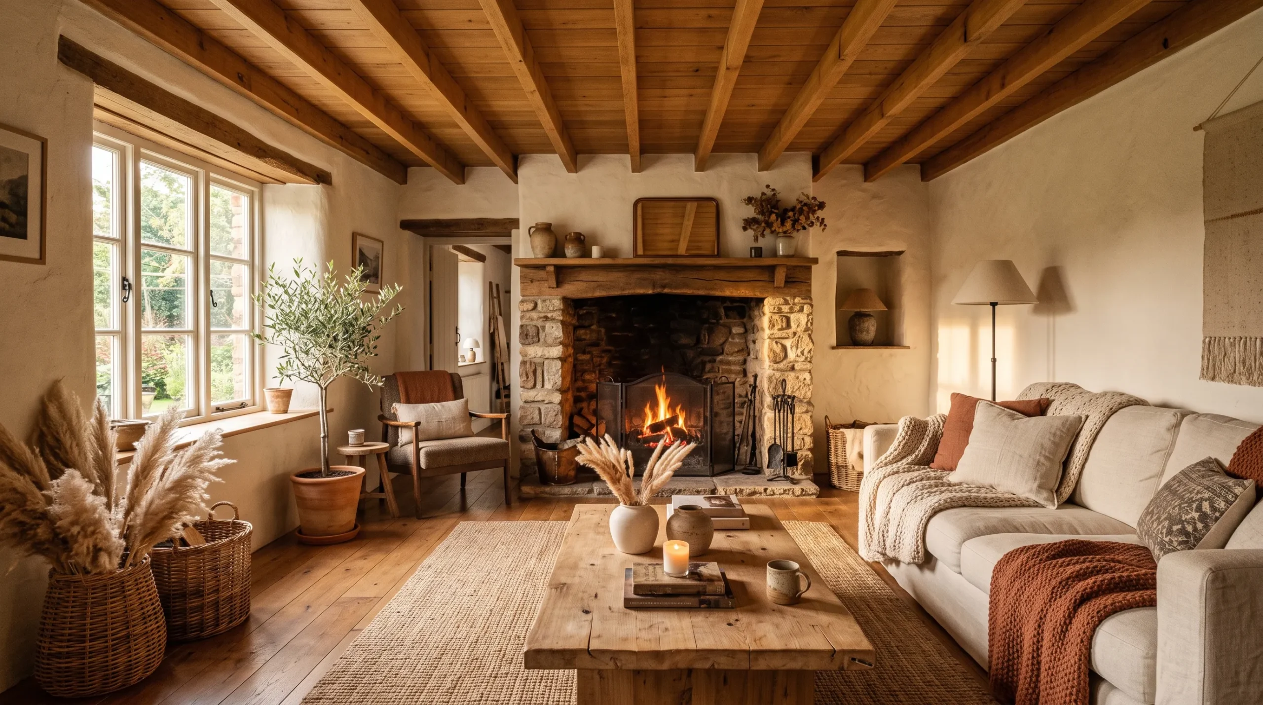 A cozy living room styled with earthy cottage decorating ideas including stone fireplace, linen sofa, and natural textures