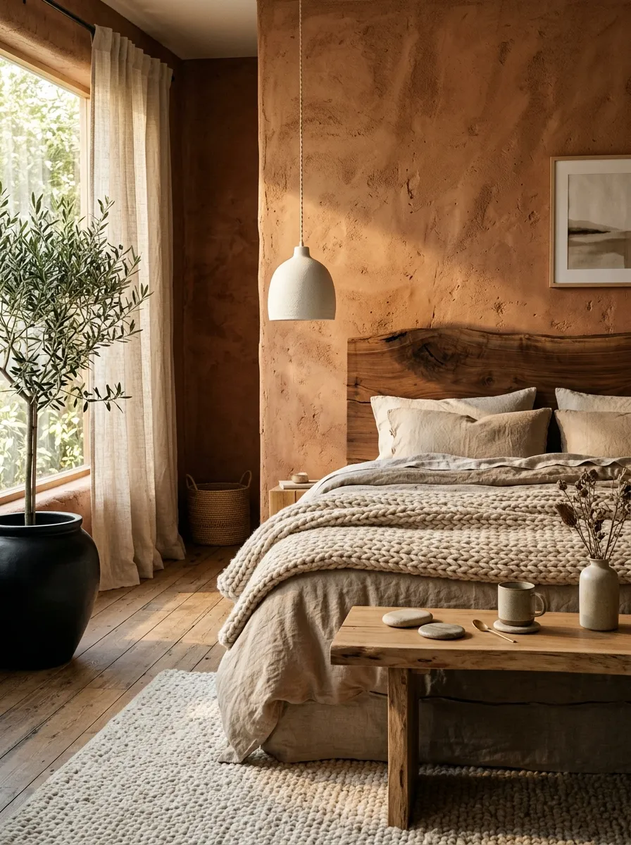 Earthy organic boutique bedroom with terracotta clay walls, live-edge wood headboard, and undyed linen bedding for a grounded natural look