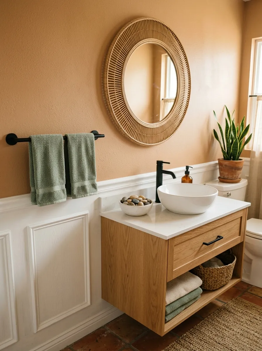 19 Boho Bathroom Ideas That Combine Soft Textures, Natural Details, and Soulful Eclectic Style 13 A Boho bathroom with warm sandy terracotta walls above white wainscoting, a rattan mirror, sage green towels, and matte black fixtures in afternoon sunlight.