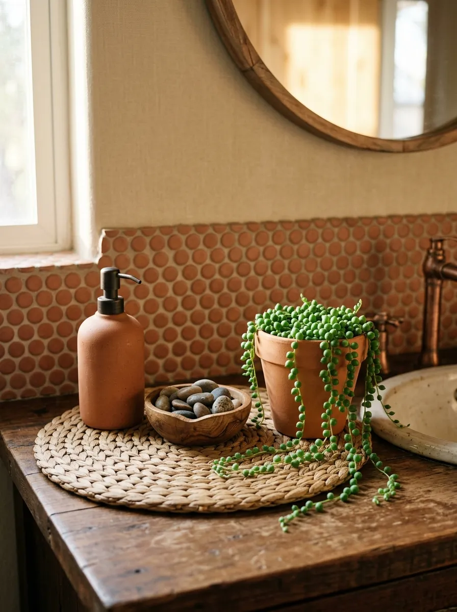 17 Bathroom Counter Styling Ideas for an Instant Aesthetic Glow Up That Looks Expensive 11 Bathroom counter styling with woven seagrass mat, terracotta dispenser, wooden bowl, and clay pot succulent