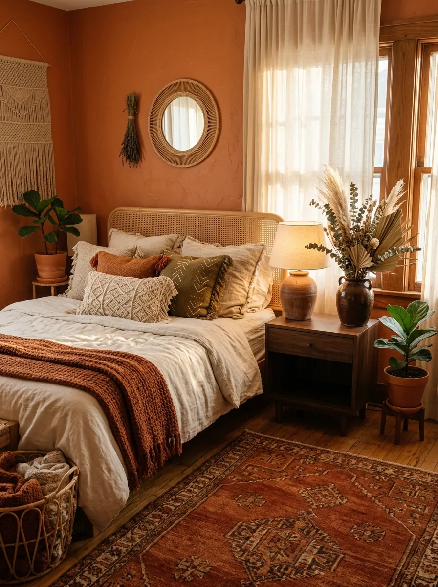 23 Curated Boho Bedroom Ideas for a Cozy, Inviting, and Effortlessly Stylish Retreat 4 Terracotta walls and rust toned rug in a warm earthy Boho bedroom style with cream linen and dried botanical accents