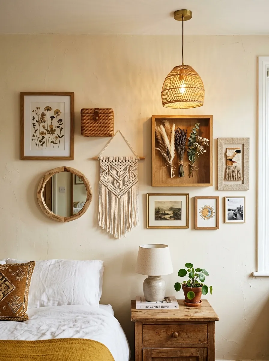 23 Curated Boho Bedroom Ideas for a Cozy, Inviting, and Effortlessly Stylish Retreat 21 Mixed Boho gallery wall with framed prints, round mirror, woven basket, and macramé on a cream bedroom wall