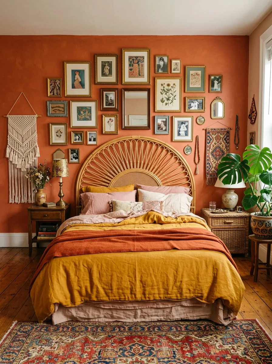 Eclectic maximalist boutique bedroom with terracotta walls, rattan headboard, gallery wall, and layered jewel-toned bedding for a bold look