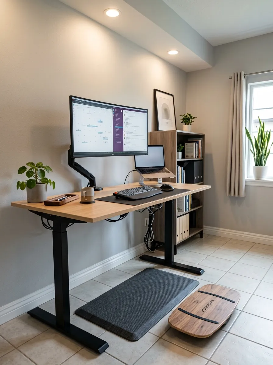 Home office setup with electric sit stand desk raised to standing height, anti fatigue mat, balance board, and monitor arm in clean modern space