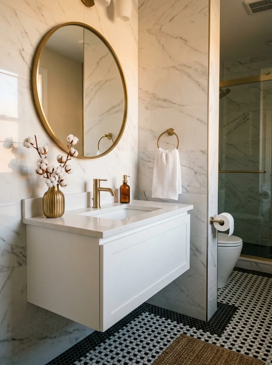 18 Black and White Bathroom Ideas That Photograph Beautifully and Look Just as Good in Real Life 17 Elegant black and white bathroom with brushed brass faucet and round brass framed mirror above white vanity