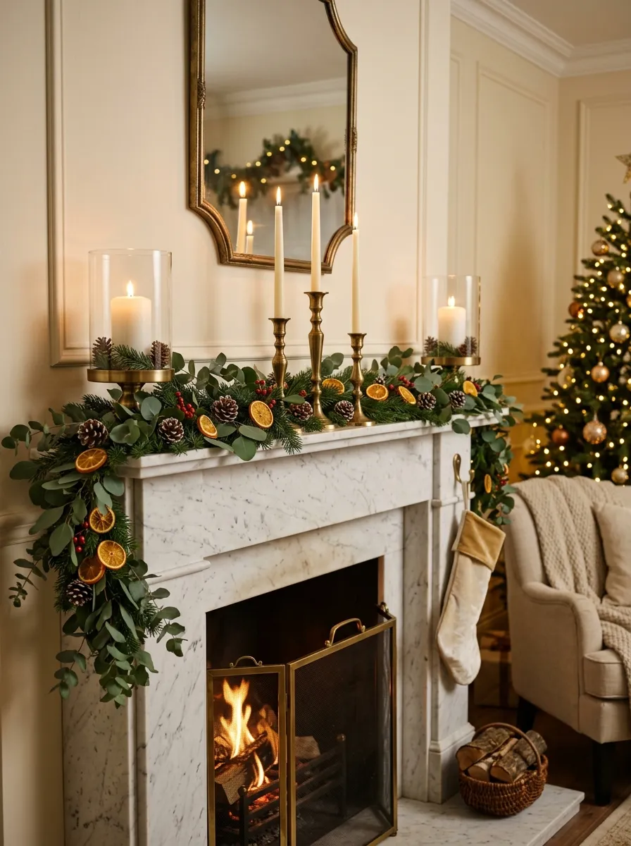 Elegant Christmas mantel with eucalyptus garland, brass taper candles, and ivory pillar candles for holiday home decor