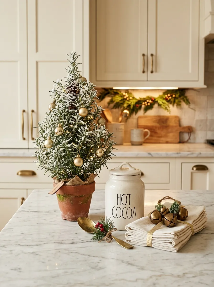 Christmas kitchen vignette with rosemary cone tree, brass accents, and cream canister on marble countertop for elegant holiday styling