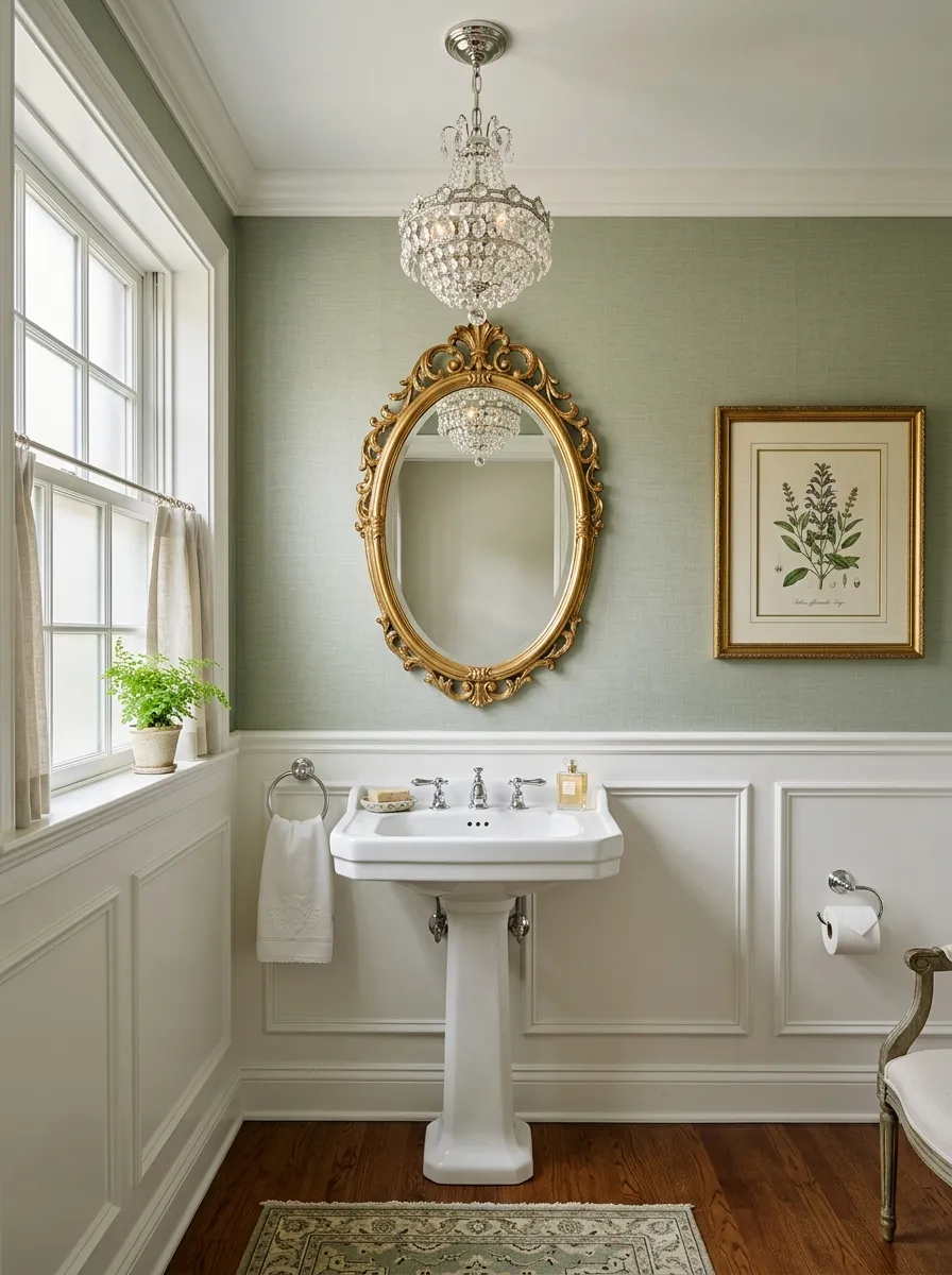 16 Half Bathroom Ideas That Maximize Style, Function, and Impact in a Small Space 4 Elegant half bathroom with crystal mini chandelier, white wainscoting, sage wallpaper, and pedestal sink
