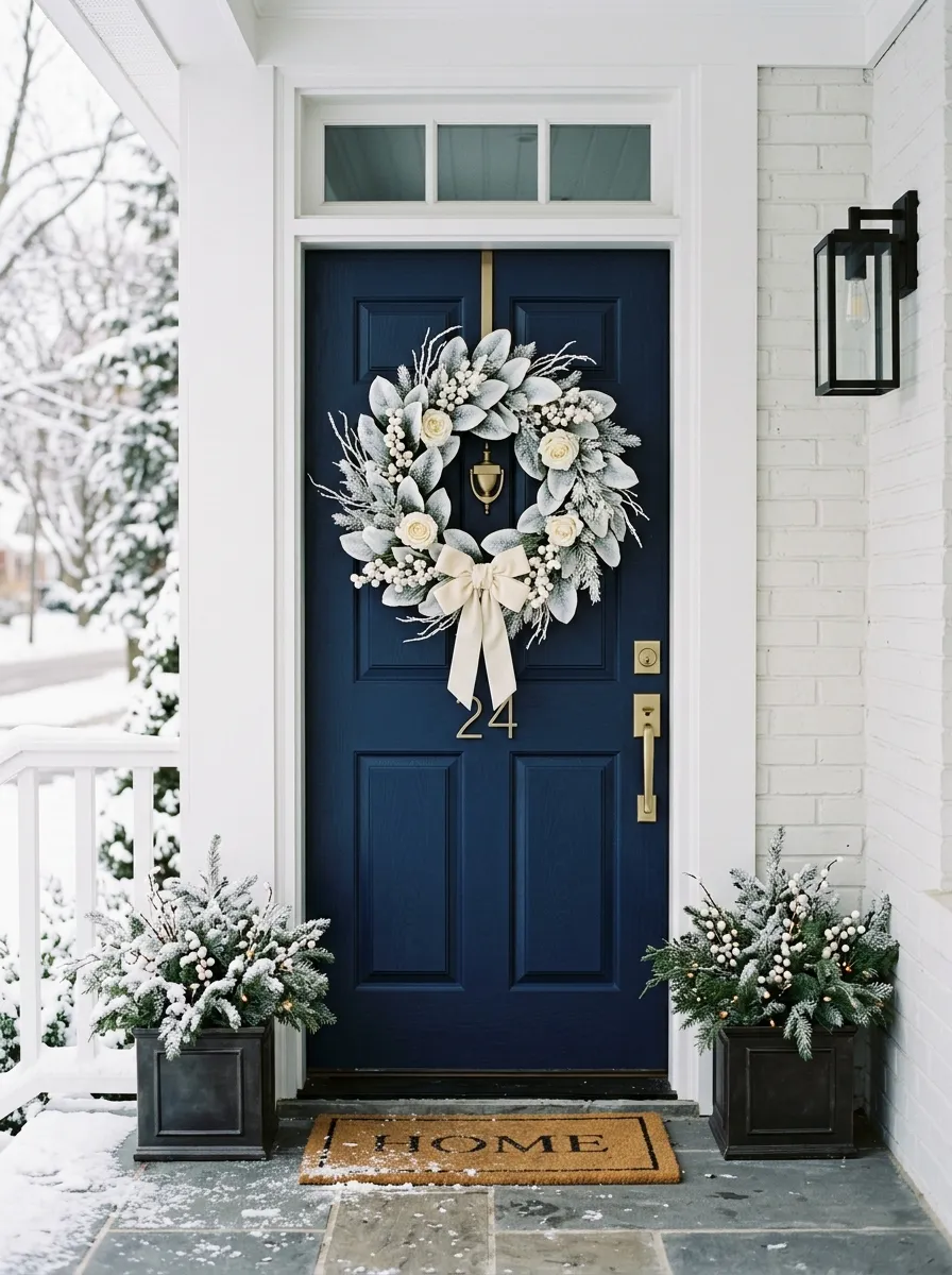 21 Christmas Wreath Ideas That Make Your Front Door the Most Beautiful on the Street 8 An elegant snowy white magnolia Christmas wreath with cream velvet ribbon and ivory roses on a navy blue front door