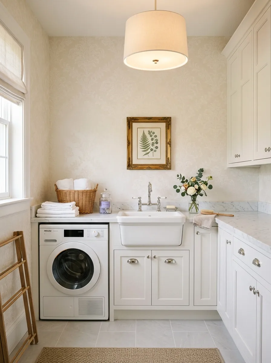 Elegant laundry room with soft ivory tone on tone damask laundry space wallpaper, white lacquered shaker cabinetry, chrome hardware, and marble countertop