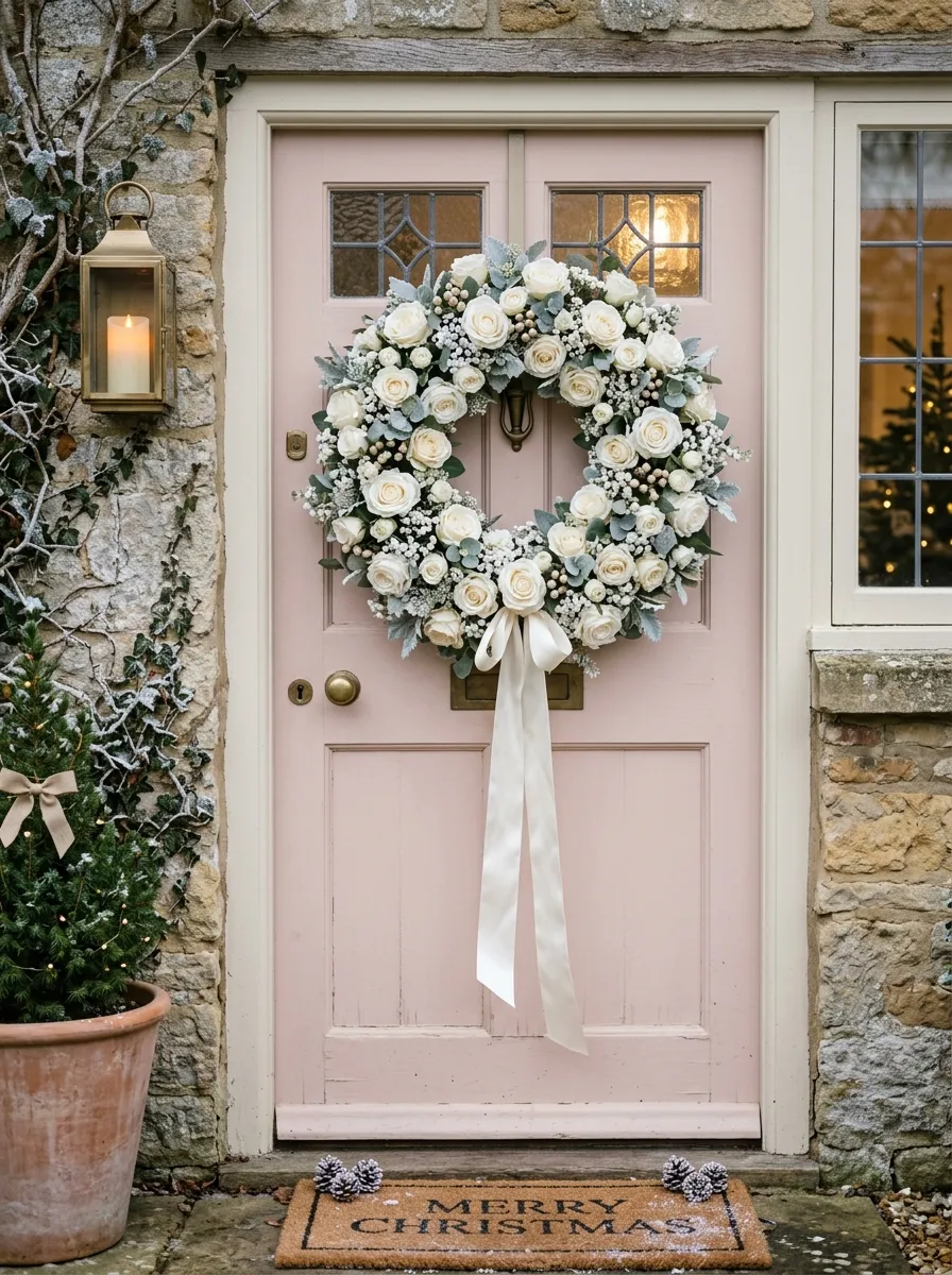 21 Christmas Wreath Ideas That Make Your Front Door the Most Beautiful on the Street 16 An elegant Christmas wreath built from cream and white faux roses with ivory ribbon on a blush pink front door