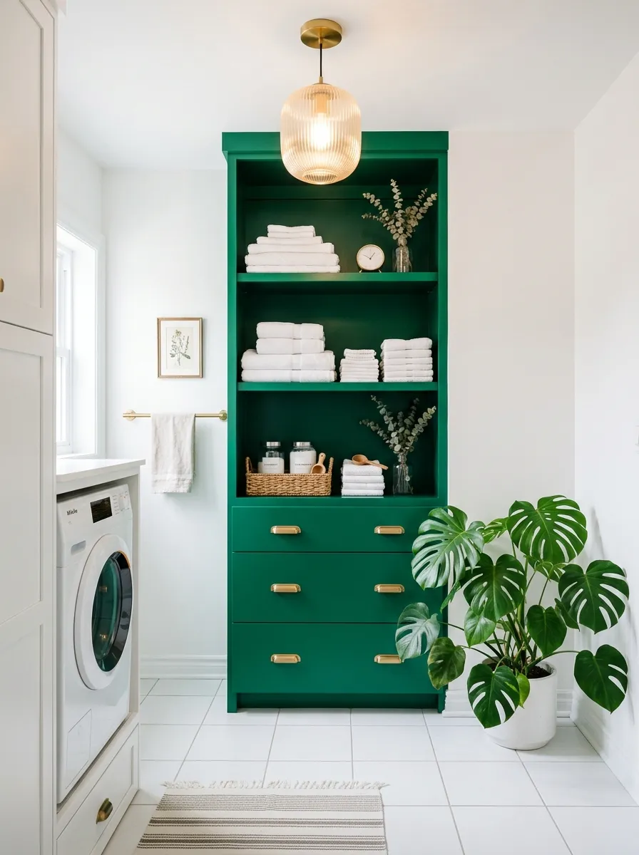 18 Green Laundry Room Ideas That Prove This Color Is More Than Just a Passing Design Trend 6 Emerald green shelving unit accent in a white laundry room with brass hardware, monstera plant, and white tile flooring