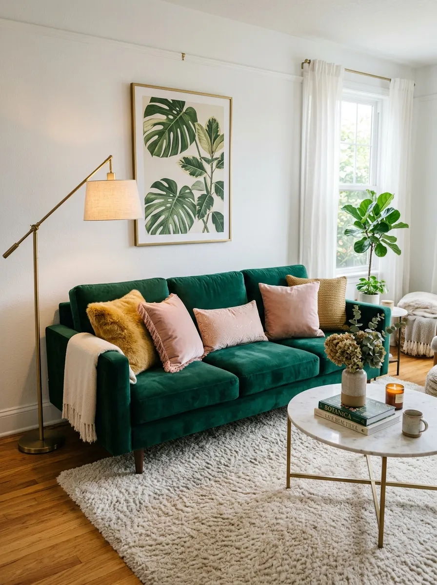 22 Colorful Apartment Decorating Ideas That Make Every Room Feel Bold, Stylish, and Cohesive 1 Bold emerald green velvet sofa anchoring colorful apartment decor with blush pillows and a cream rug