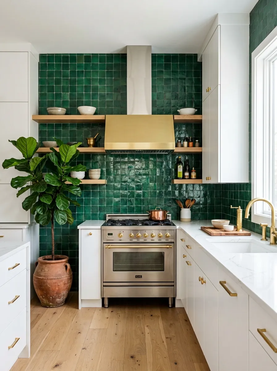 Full emerald green zellige tile backsplash in a white kitchen with gold fixtures, quartz countertops, and a fiddle leaf fig plant