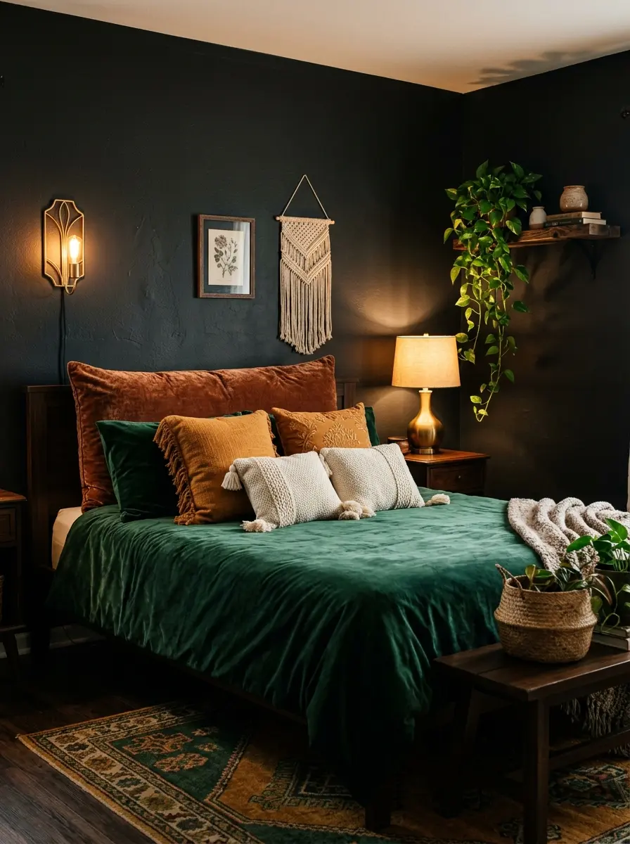 20 Dark Boho Bedroom Ideas That Embrace Moody Colors, Cozy Textures, and Relaxing Nighttime Style 13 A dark Boho bedroom with charcoal walls, emerald green velvet duvet, amber and ivory pillows, and warm brass lighting
