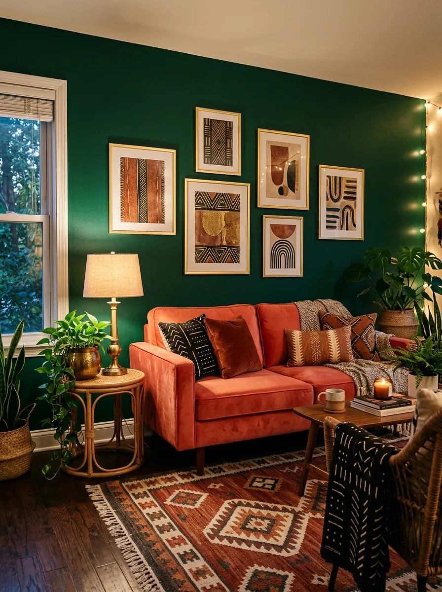 23 Afro Boho Living Room Ideas That Feel Warm, Authentic, Stylish, and Truly Lived In 4 Emerald green wall, coral sofa, and gold framed art in a bold and warm Afro Boho Living Room