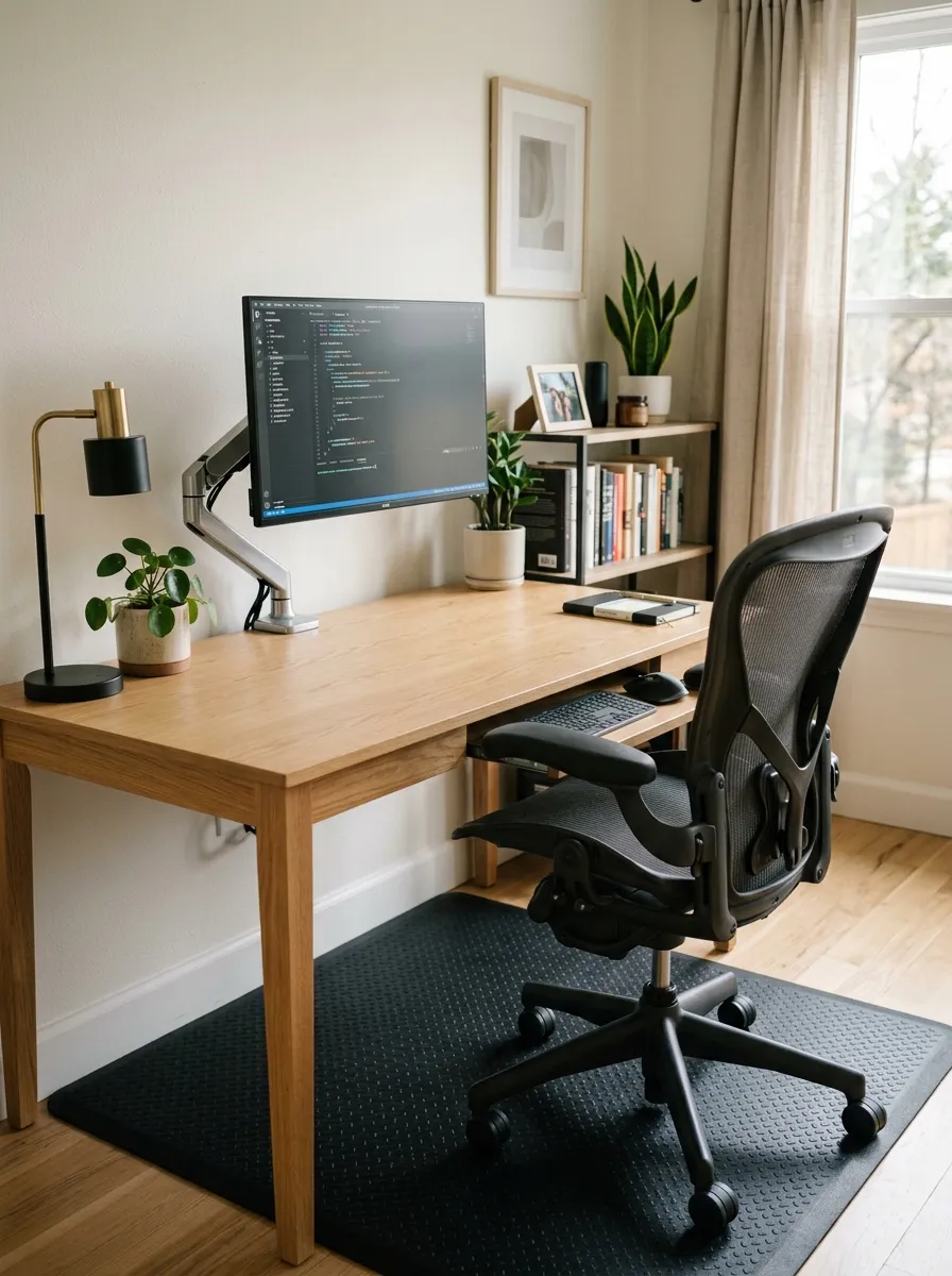 Home office setup with ergonomic chair at correct height, monitor arm at eye level, keyboard tray, anti fatigue mat, and warm desk lamp