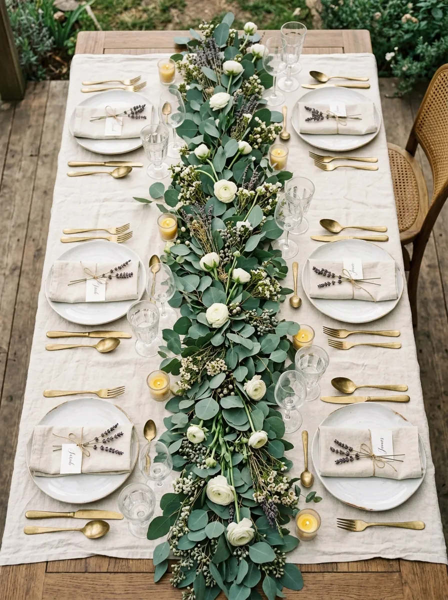 Dining table with eucalyptus greenery runner as a natural tablescape idea without fresh flowers