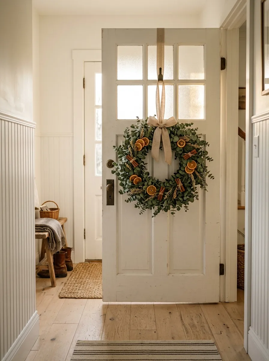 Farmhouse front door with large eucalyptus and dried orange wreath on linen ribbon, beadboard walls, and warm afternoon light