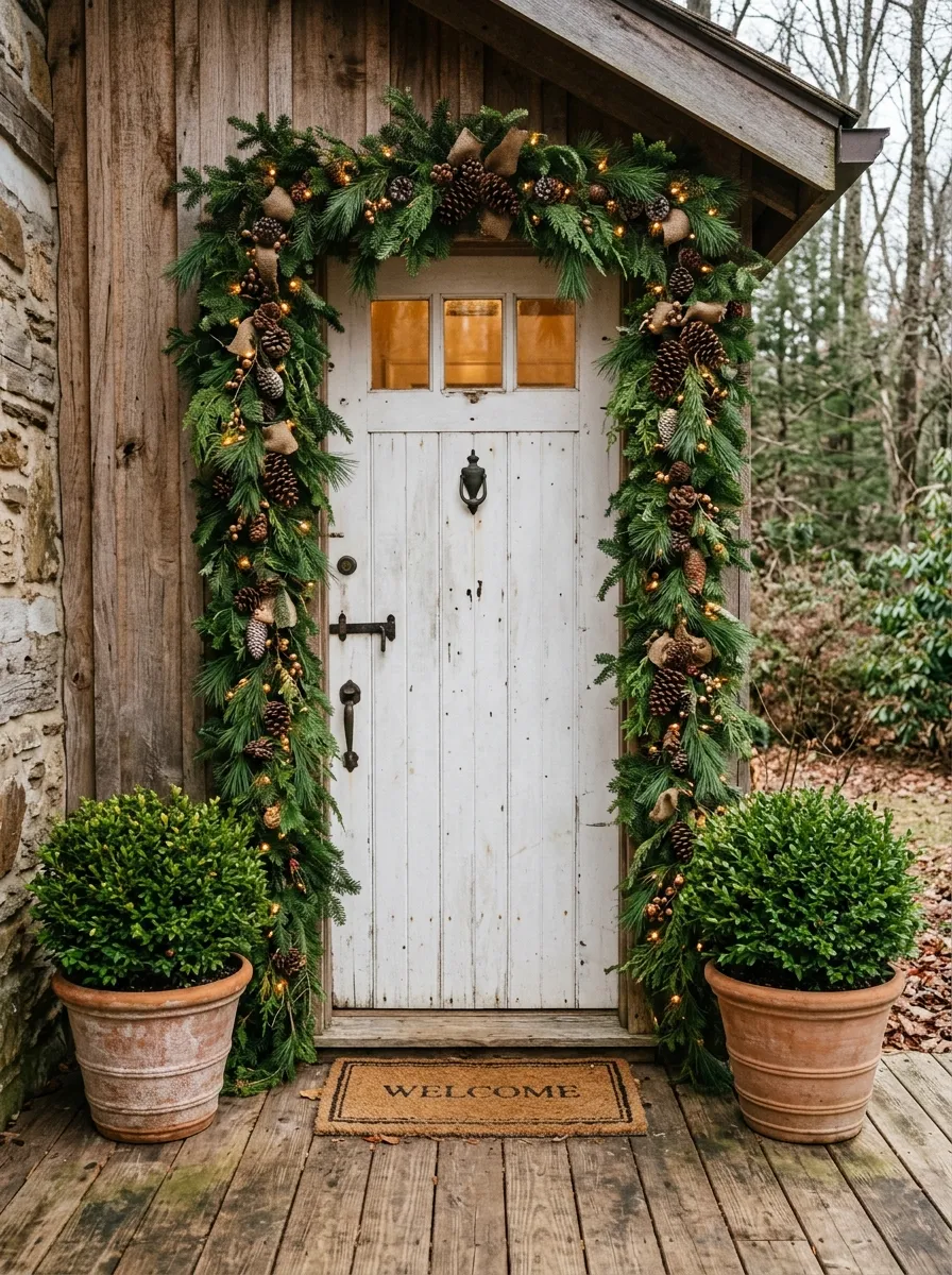 19 Winter Porch Decorating Ideas That Instantly Boost Cozy Curb Appeal All Season Long 1 Front door framed with lush evergreen garland and pinecones as part of cozy winter front porch decor ideas
