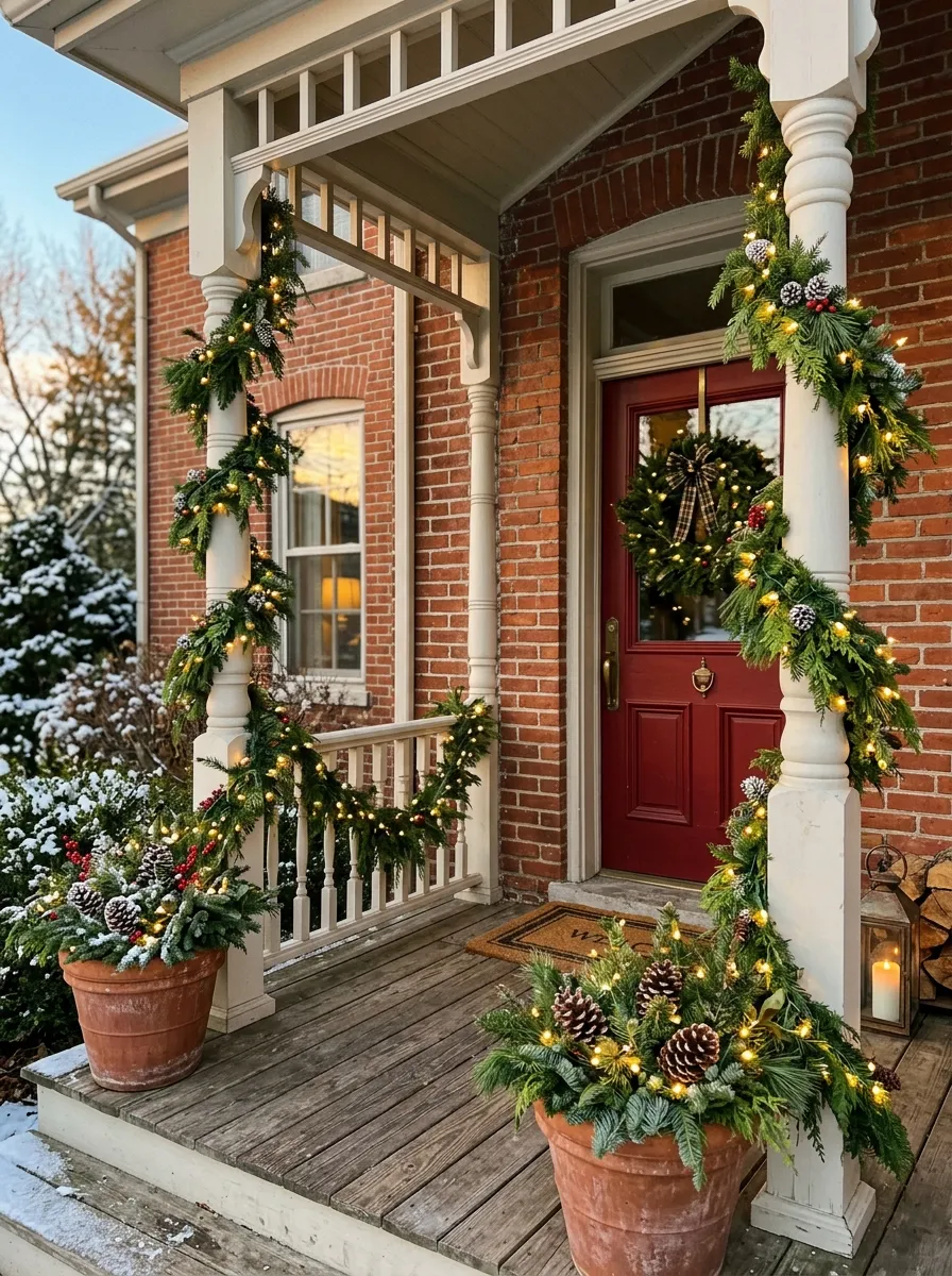 White porch columns wrapped in fresh evergreen garland with warm lights as classic holiday front porch decor