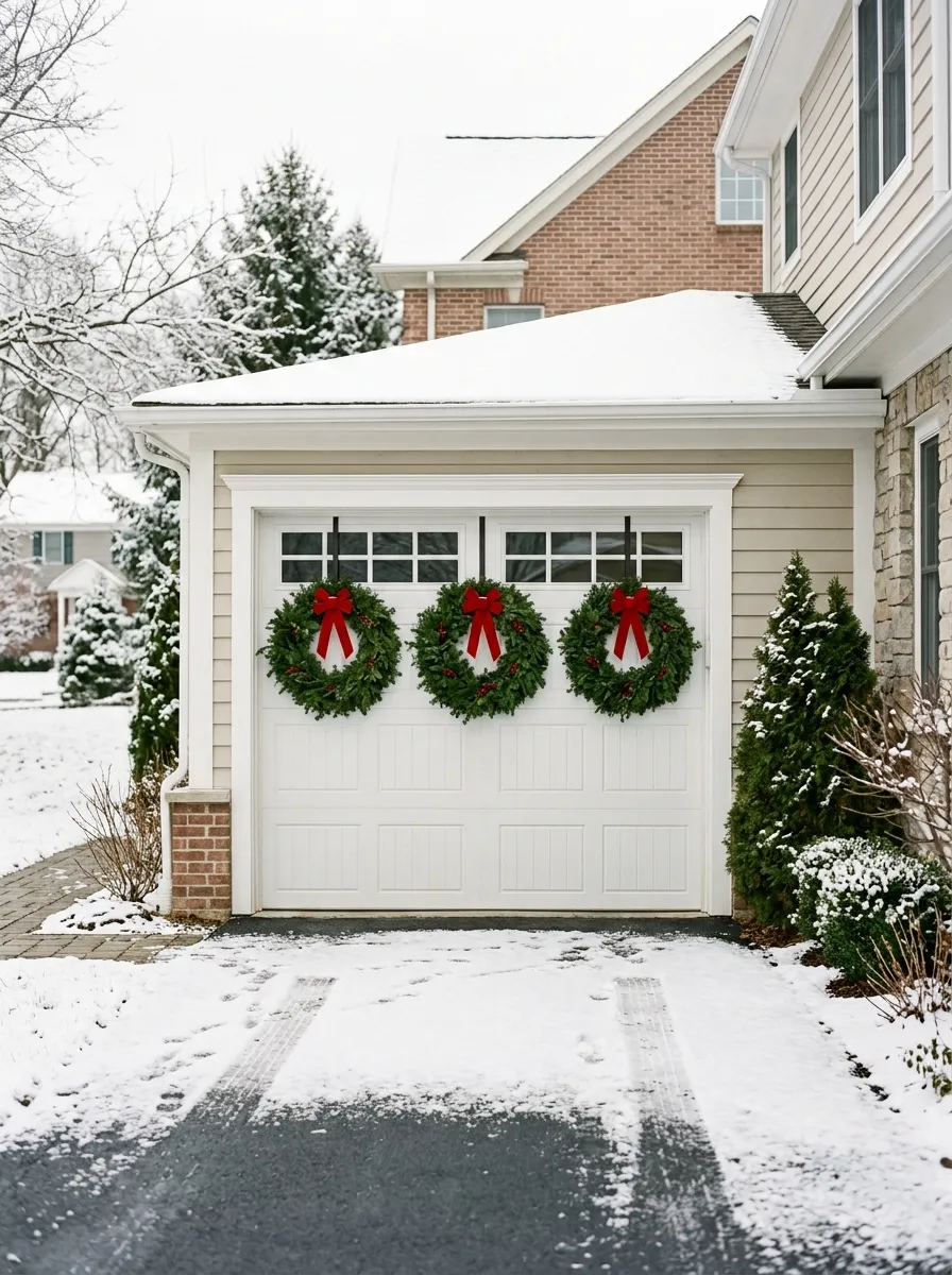 Three matching evergreen wreaths with red bows arranged on a white garage door for outdoor holiday decor