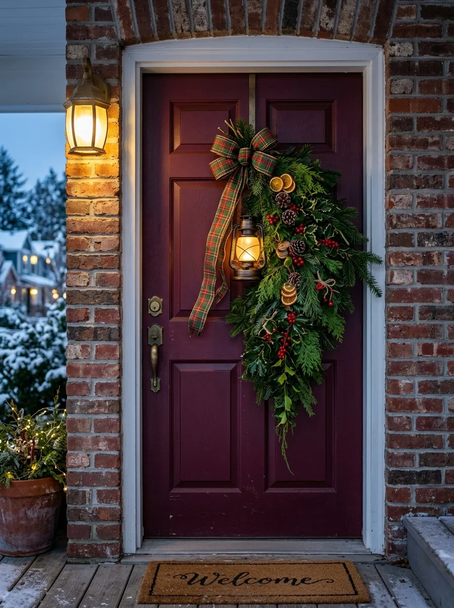 21 Christmas Wreath Ideas That Make Your Front Door the Most Beautiful on the Street 14 A cascading evergreen Christmas door swag with a glowing lantern and plaid ribbon on a deep burgundy front door