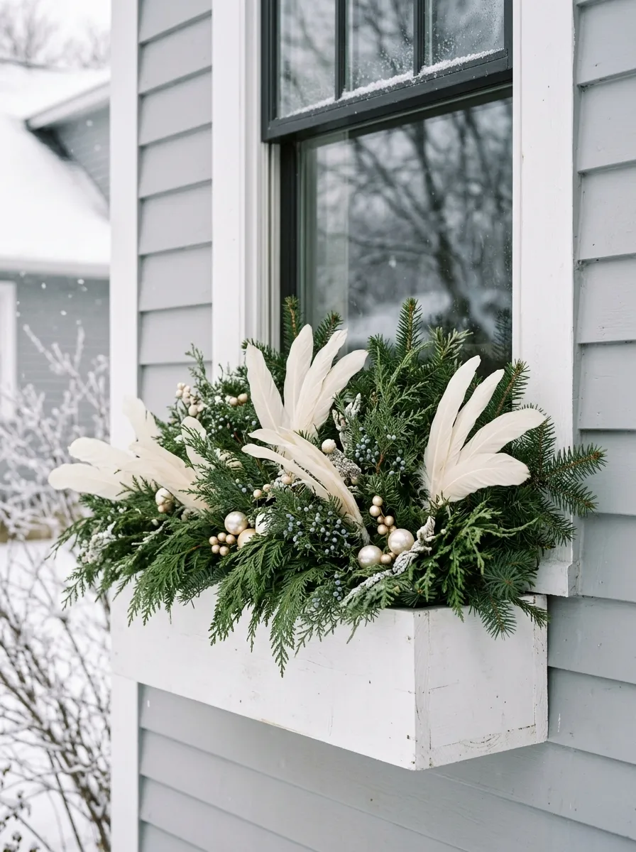 18 Winter Window Box Ideas That Bring Magical Seasonal Charm to Your Home Exterior 4 Glamorous winter window box with white feathers, cedar, and pearl ornaments for a luxurious home exterior look