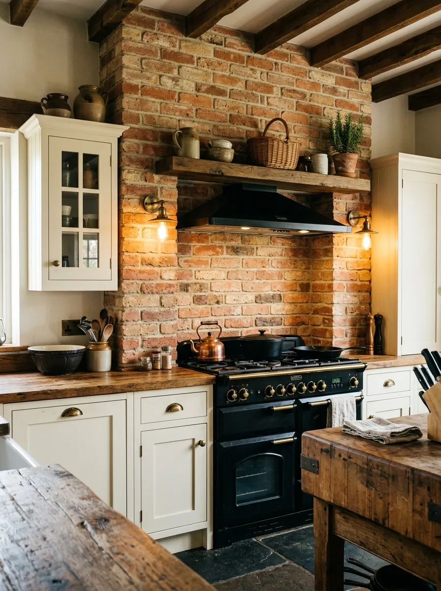 23 Rustic Farmhouse Kitchen Ideas That Use Quiet Design Rules to Create a Timeless Look 10 Exposed brick accent wall behind a farmhouse range with warm reddish tones, cream cabinetry, and aged brass sconces in a rustic kitchen.