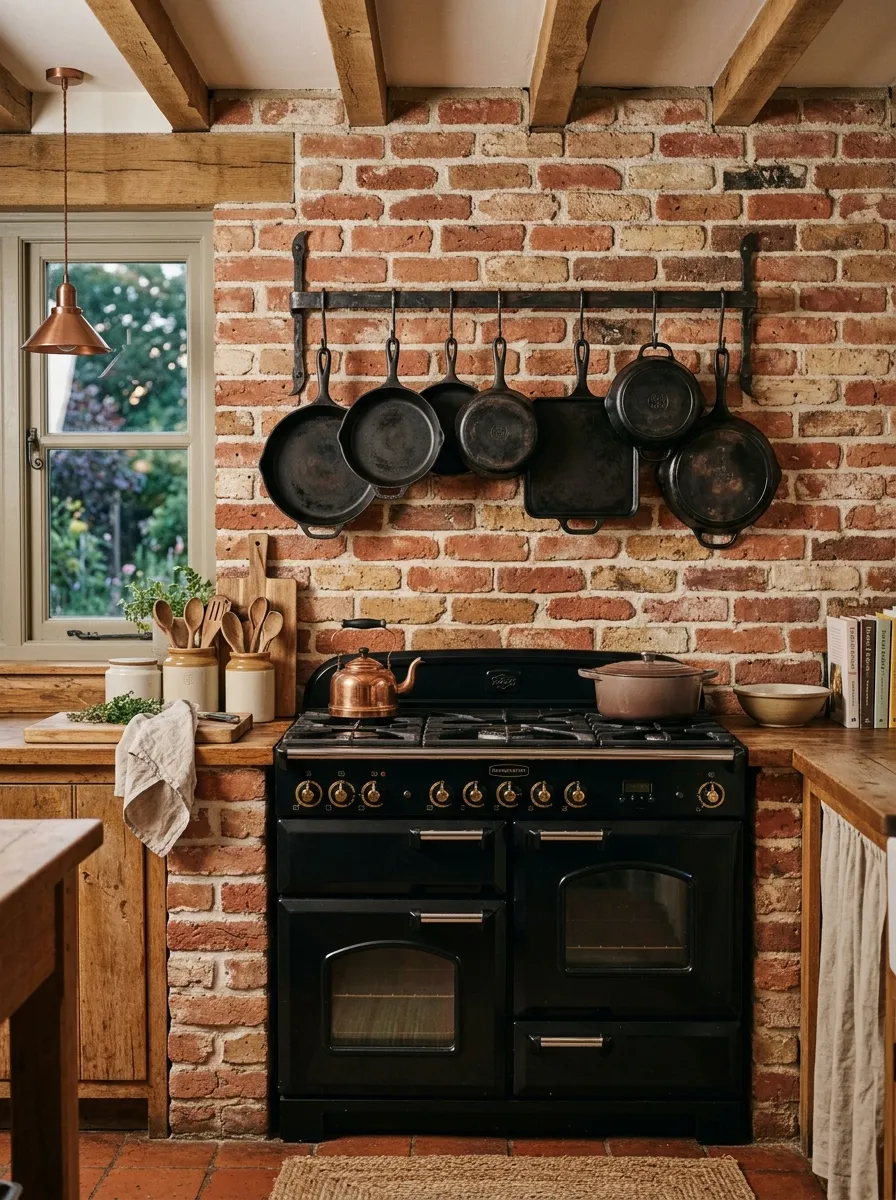 Exposed red brick backsplash with white mortar and iron pot rack in a farmhouse kitchen charm setting behind the range