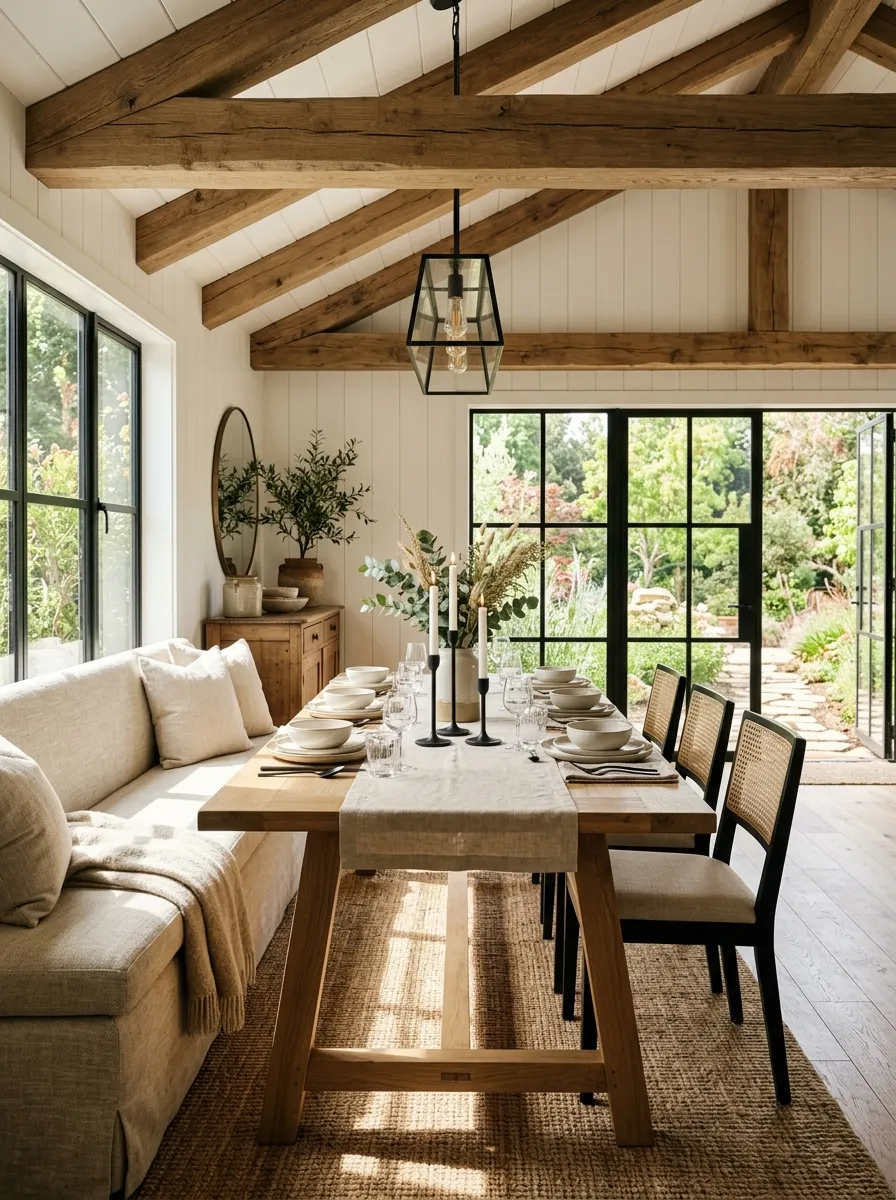 Modern farmhouse dining room with exposed wooden ceiling beams, natural oak trestle table, linen bench seats, and black iron candle holders