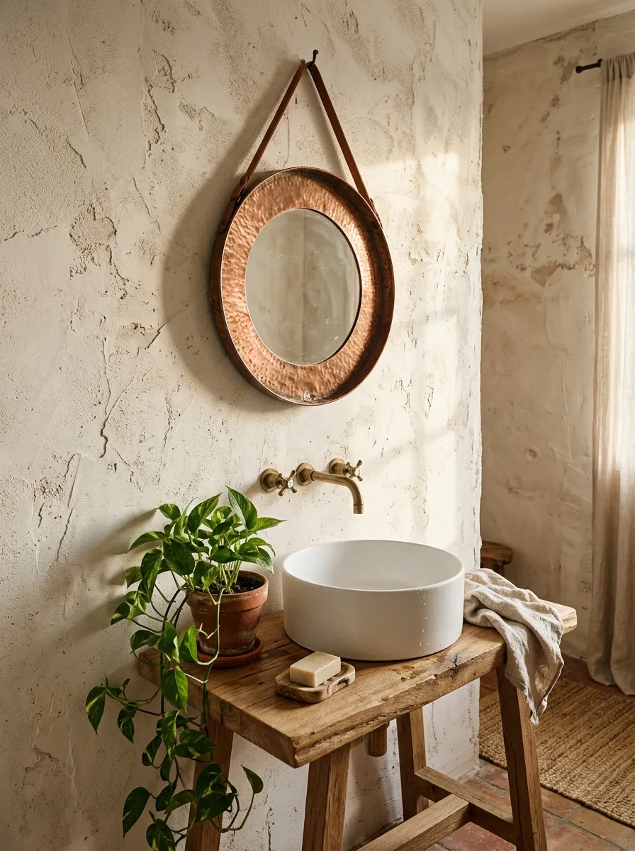 19 Boho Bathroom Ideas That Combine Soft Textures, Natural Details, and Soulful Eclectic Style 15 A warm sandy exposed plaster wall with visible trowel marks, a hammered copper mirror, and a white ceramic basin on a wood stand in a soulful Boho bathroom.