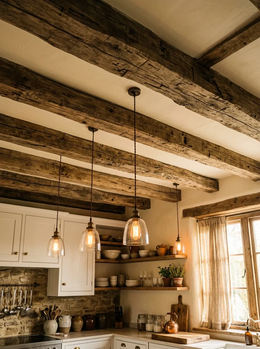 23 Rustic Farmhouse Kitchen Ideas That Use Quiet Design Rules to Create a Timeless Look 1 Thick reclaimed wood ceiling beams in a warm rustic farmhouse kitchen with cream cabinetry and amber pendant lighting.