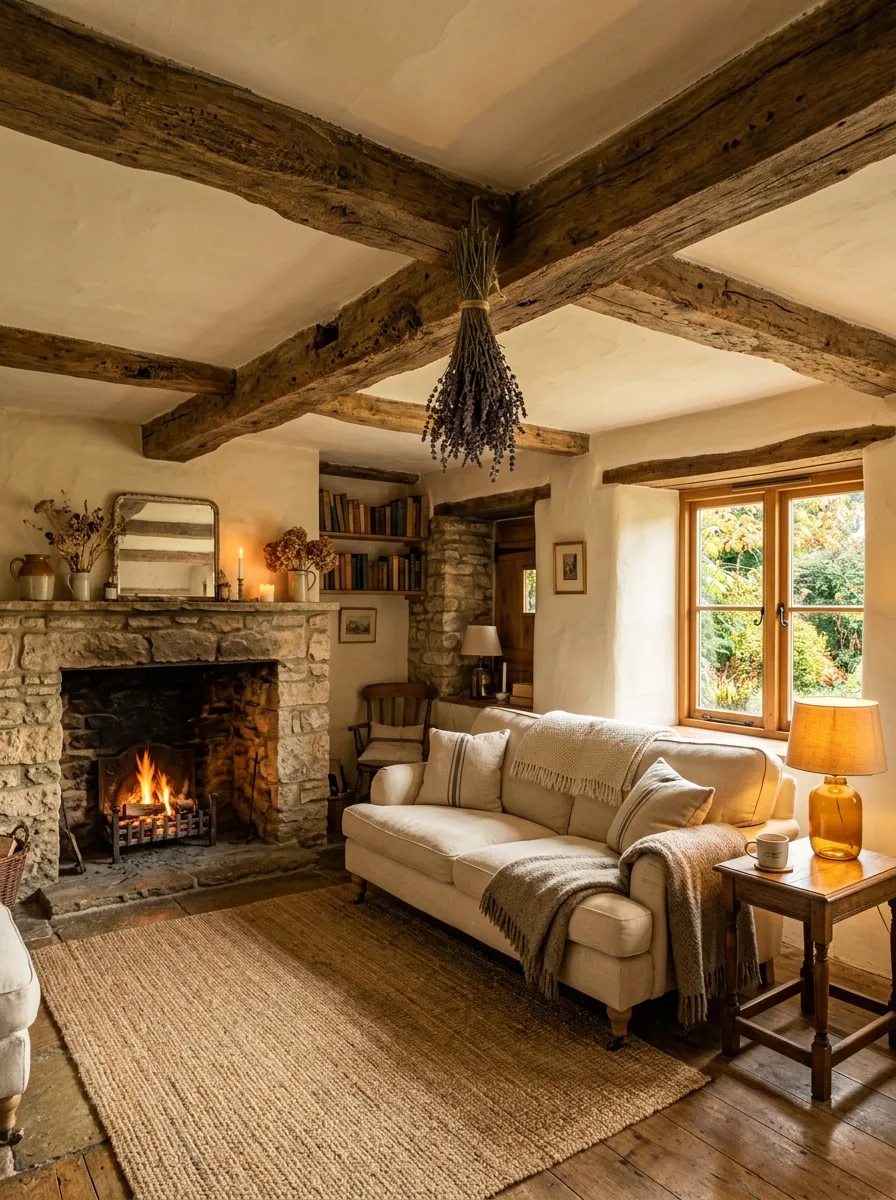 21 Earthy Cottage Decorating Ideas That Transform Your Home Into a Calm and Cozy Retreat 14 Exposed oak ceiling beams above a linen sofa and stone fireplace in a grounded earthy rustic cottage living room