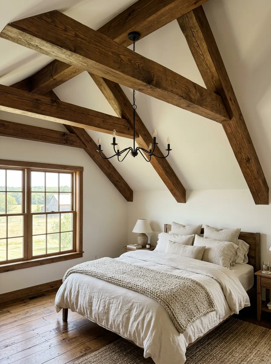 Three exposed walnut stained ceiling beams over a linen dressed farmhouse bedroom bed with a black iron chandelier