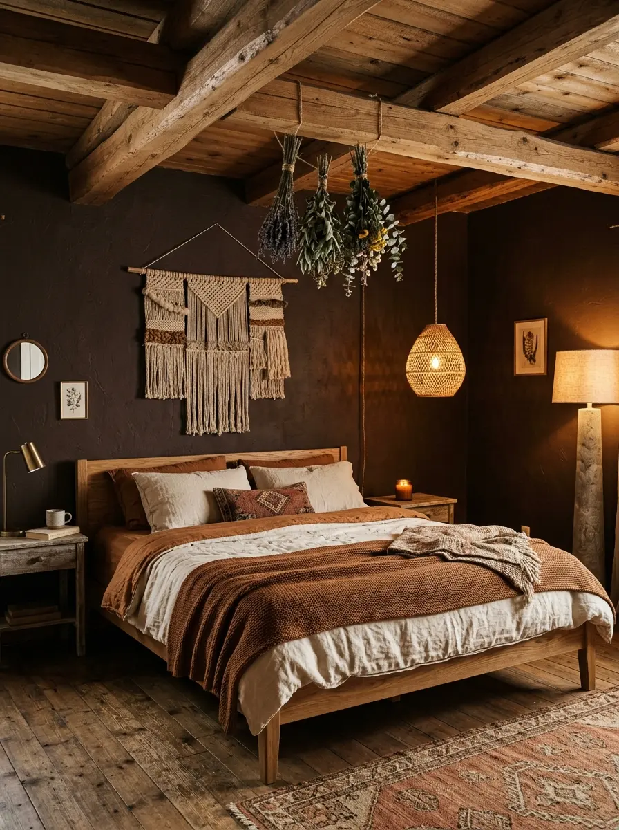 20 Dark Boho Bedroom Ideas That Embrace Moody Colors, Cozy Textures, and Relaxing Nighttime Style 14 A dark Boho bedroom with espresso walls, exposed wooden ceiling beams, dried herbs hanging from beams, and rattan pendant light