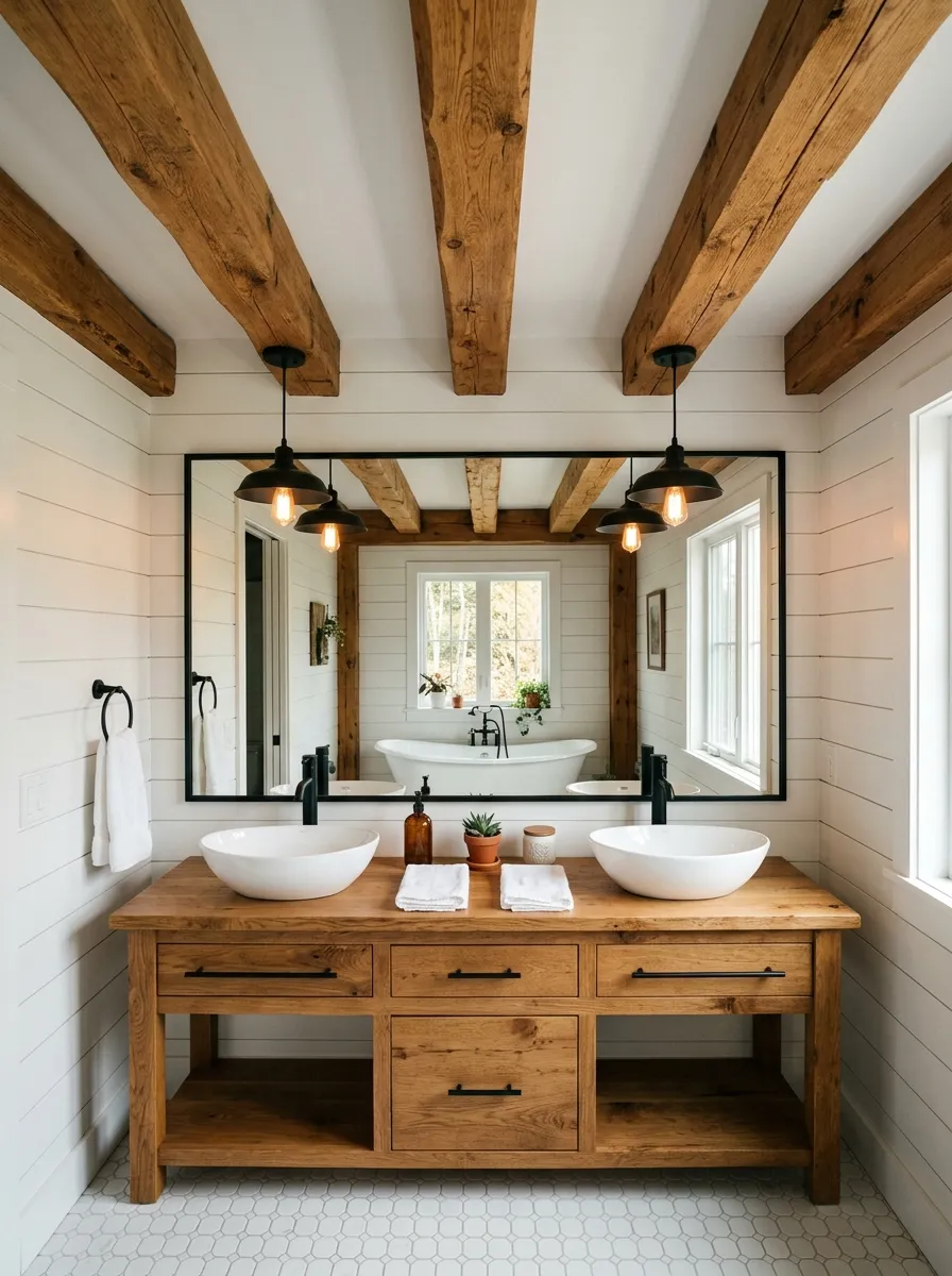 Exposed warm wood ceiling beams with black pendant lights above a double vanity in a rustic farmhouse bathroom